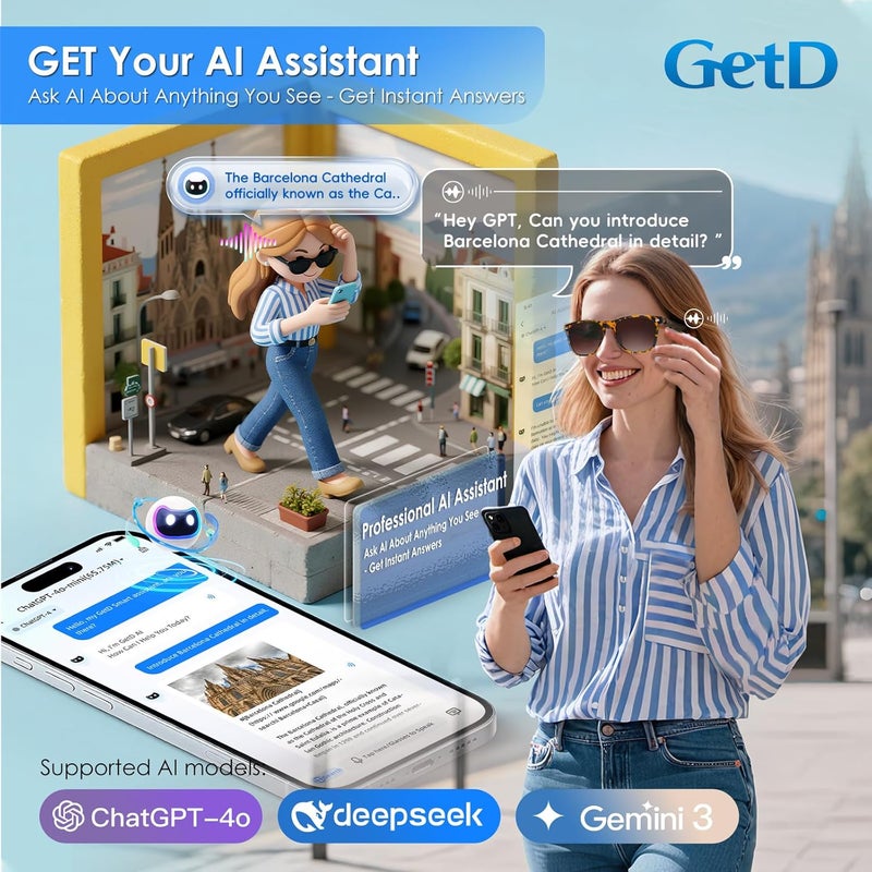 GetD AI Glasses for Men & Women, Smart Glasses Powered by ChatGPT, AI Real-time Translation with 145 languages, 11H Music Play, Bluetooth Sunglasses with Polarized Lens, UV Protection for Daily Use, Travel - Image 4